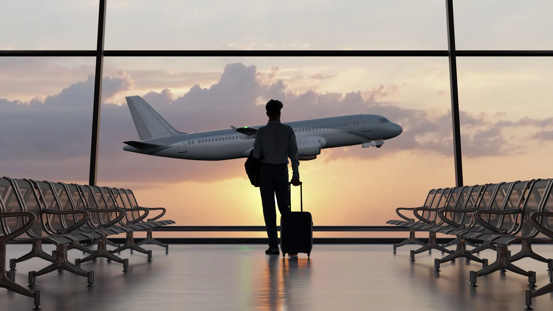 Silhouette of a traveler with a rolling suitcase watching a plane through terminal windows at sunset
